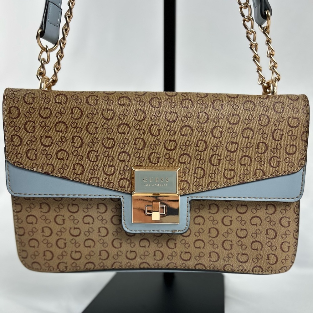 GUESS Los Angeles Top Handle Crossbody Bag Chain Strap Logo‎ Print Purse
